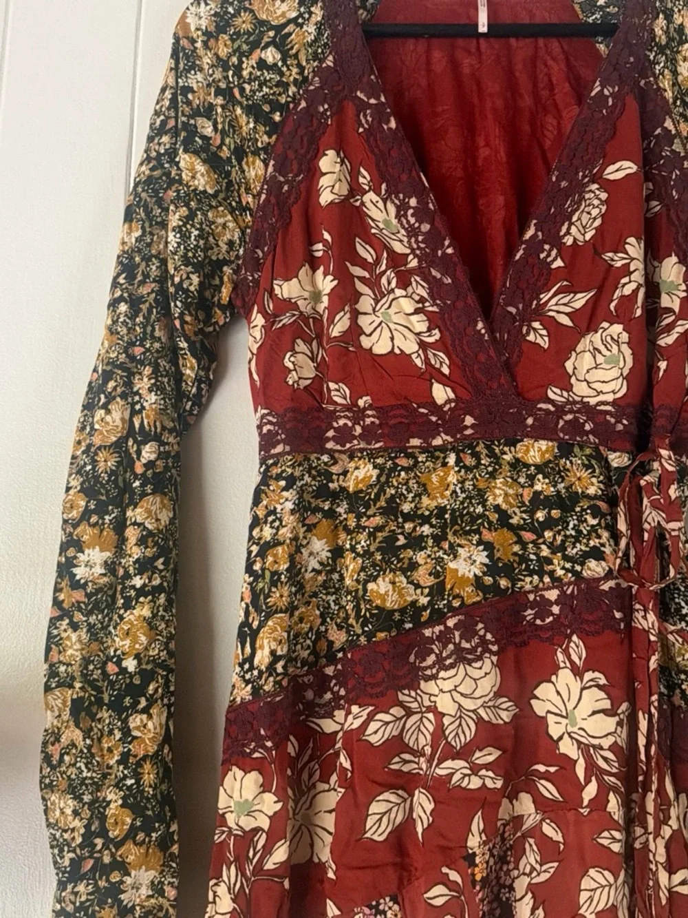 Free People Rust and Black Floral Long Sleeve Wrap Maxi Dress
